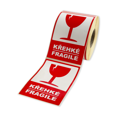 Etykiety samoprzylepne 80x120 mm, KŘEHKÉ / FRAGILE, do przesyłek, 500 etykiet na rolce