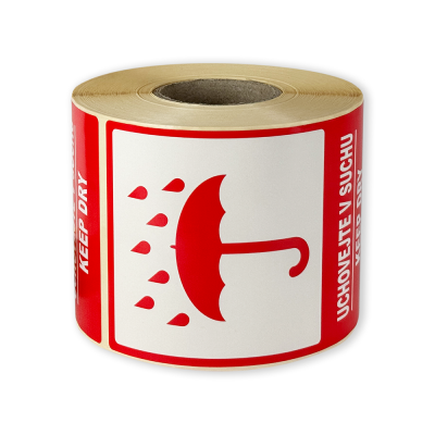 Etykiety samoprzylepne 80x120 mm, UCHOVEJTE V SUCHU / KEEP DRY, do przesyłek, 500 etykiet na rolce