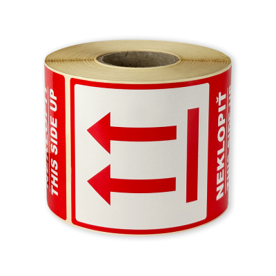 Etichete autoadezive 80x120 mm, NEKLOPIŤ / THIS SIDE UP, pentru expedieri, 500 etichete per rolă