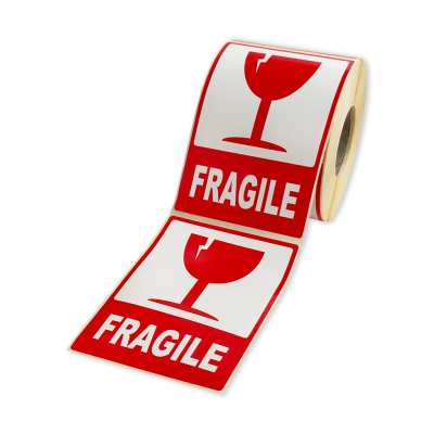 Etichete autoadezive 80x120 mm, FRAGILE, pentru expedieri, 500 etichete per rolă