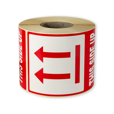 Etichete autoadezive 80x120 mm, THIS SIDE UP, pentru expedieri, 500 etichete per rolă