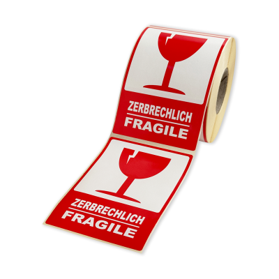 Etichete autoadezive 80x120 mm, ZERBRECHLICH / FRAGILE, pentru expedieri, 500 etichete per rolă