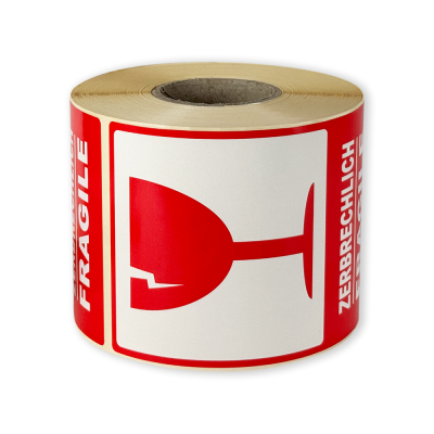 Etichete autoadezive 80x120 mm, ZERBRECHLICH / FRAGILE, pentru expedieri, 500 etichete per rolă
