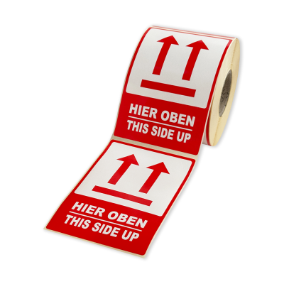 Etykiety samoprzylepne 80x120 mm, HIER OBEN / THIS SIDE UP, do przesyłek, 500 etykiet na rolce