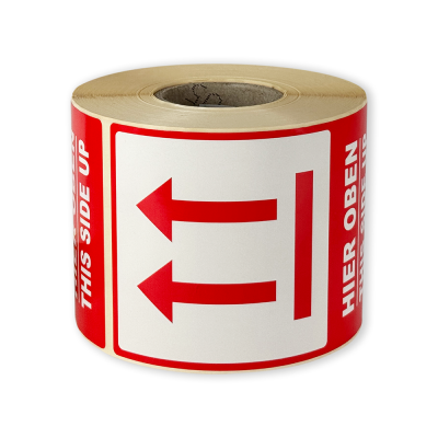Öntapadós címkék 80x120 mm, HIER OBEN / THIS SIDE UP, küldeményekhez, 500 címke tekercsenként