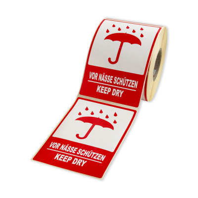 Etichete autoadezive 80x120 mm, VOR NÄSSE SCHÜTZEN / KEEP DRY, pentru expedieri, 500 etichete per rolă