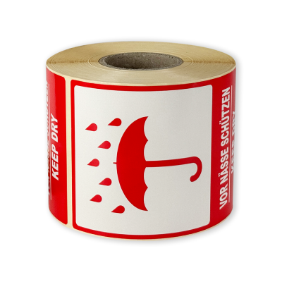 Etykiety samoprzylepne 80x120 mm, VOR NÄSSE SCHÜTZEN / KEEP DRY, do przesyłek, 500 etykiet na rolce